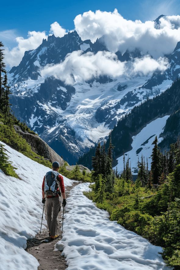 Traveler on snowy path
